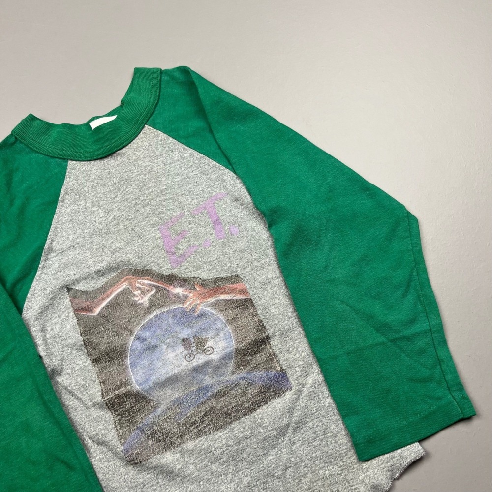 Vintage E.T. Movie Raglan Shirt Kids Small Gray Green 1982 Universal Studios